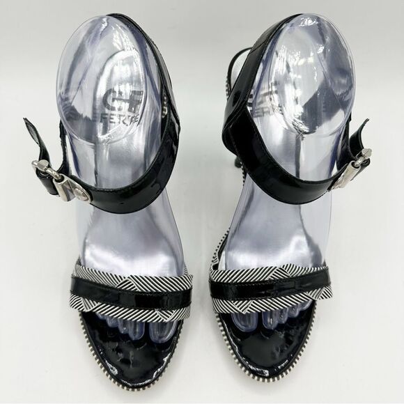 Gianfranco Ferre Black/White Striped Patent‎ Leather Heeled Sandals Sz 40 - Picture 11 of 16